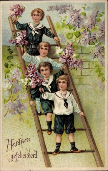 Embossed Postcard Congratulations, children in sailor suits on a ladder, blooming lilacs