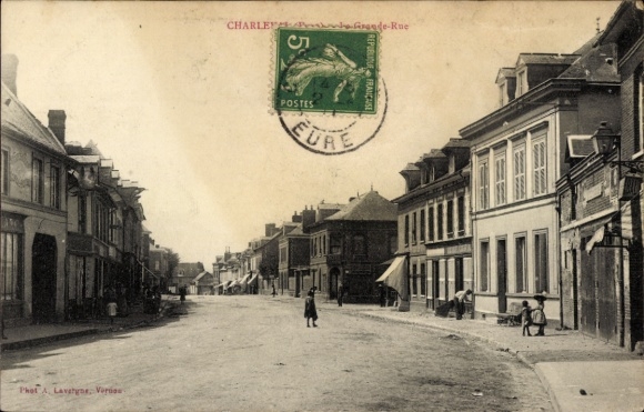 PC Charleval Eure, street with buildings, postmark, stamp, photo by A. Lavergne