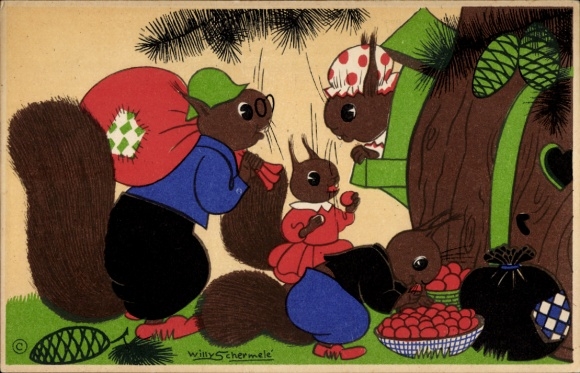 Artist Postcard Schermelé, Willy, squirrel humanized, nuts