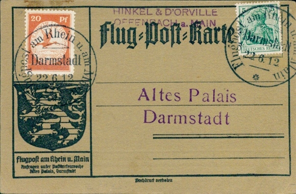 Airmail Rhein-Main No. II PF VI !!! , special cancellation Darmstadt, 22.06.1912