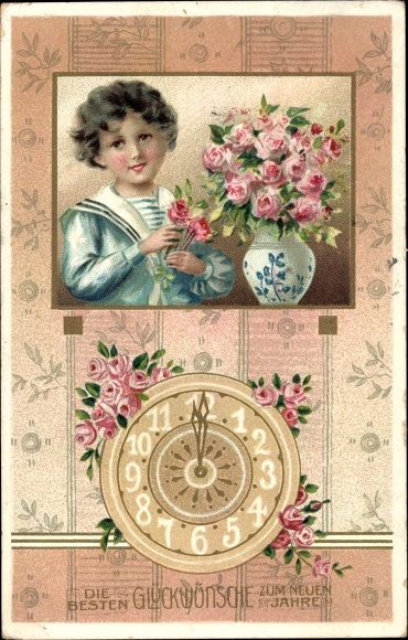 Embossed PC Happy New Year, girl, roses in vase, clock