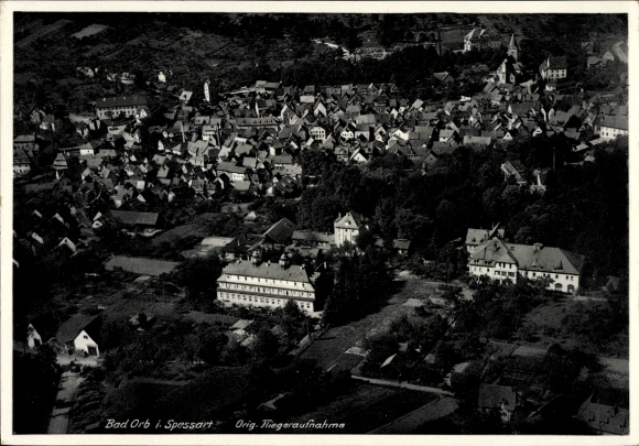 Postcard Bad Orb in Spessart Hesse, aerial view of many houses, rural surroundings