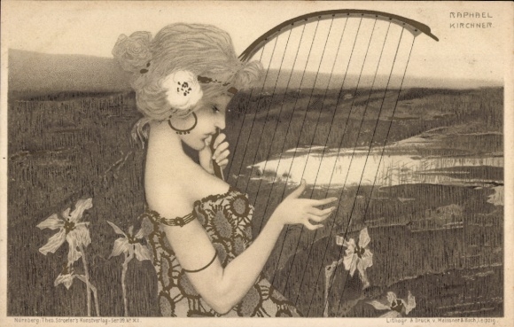 Art Nouveau kunstenaar Ak Kirchner, Raphael, portret van een vrouw, harp