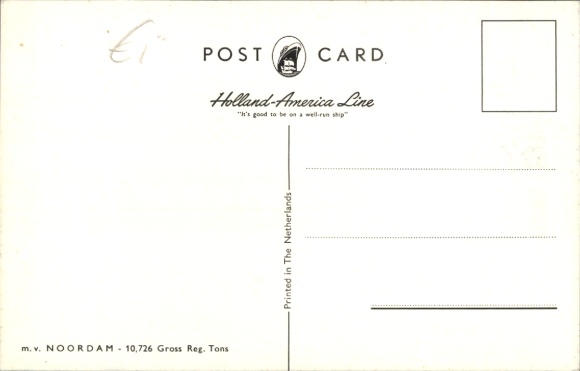 Postcard steamer MV Noordam, Holland America Line HAL, view bow port