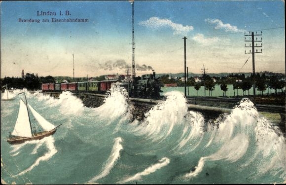 Ak Lindau am Bodensee Schwaben, Brandung am Eisenbahndamm