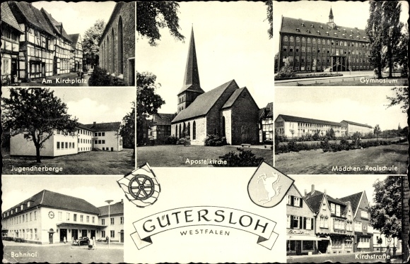 Ak Friedrichsdorf Gütersloh in Westfalen, Apostelkirche, Jugendherberge, Bahnhof, Schule, Wappen