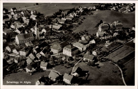 Postcard Scheidegg in Allgäu Swabia, aerial photograph
