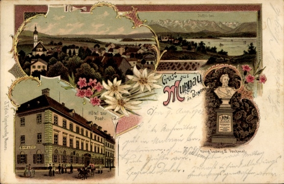Litho Murnau am Staffelsee in Oberbayern, König Ludwig II. Denkmal, Hotel zur Post, Panorama vom Ort