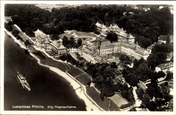 Postcard Dresden Pillnitz, aerial photograph of the pleasure palace river, ships, gardens