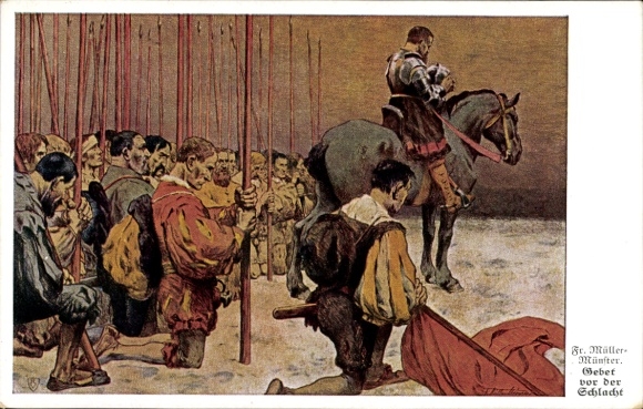 Artist Postcard Müller, F., Prayer before the Battle, Praying Warriors