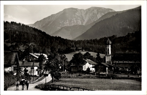Postcard Fischbachau in Upper Bavaria, mountain landscape, church, building, hiker, Miesing