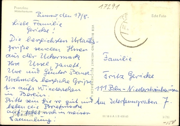 Postcard Prenzlau in the Uckermark, Mitteltorturm, historic buildings in the background, cyclists