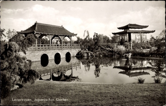 Postcard Leverkusen in the Rhineland, Japanese Garden, bridge, Asian architecture, pond