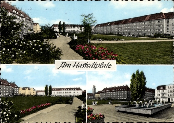 Ak Hamburg Harburg, Hastedtplatz, Gartenanlage, Wohnhäuser, Springbrunnen