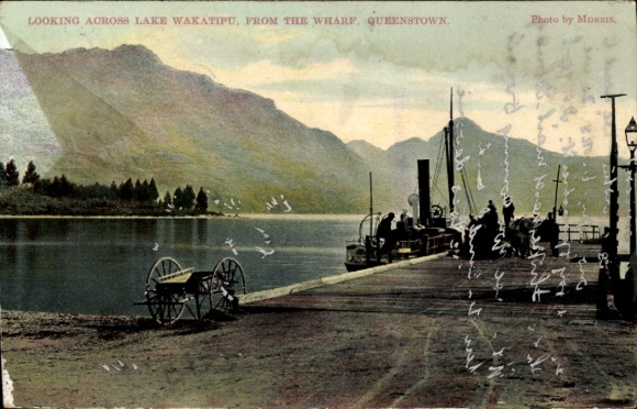 Postcard Queenstown New Zealand, view over Lake Wakatipu, jetty, people, photo by Morris