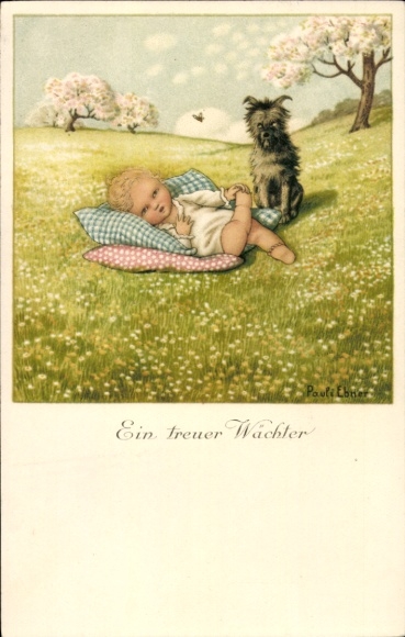 Künstler Ak Ebner, Pauli, Ein treuer Wächter, Hund, Kind auf Blumenwiese, Biene