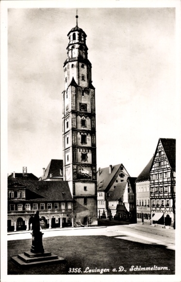 Ak Lauingen aan de Donau Zwabische Alb, Schimmelturm, vakwerkhuis