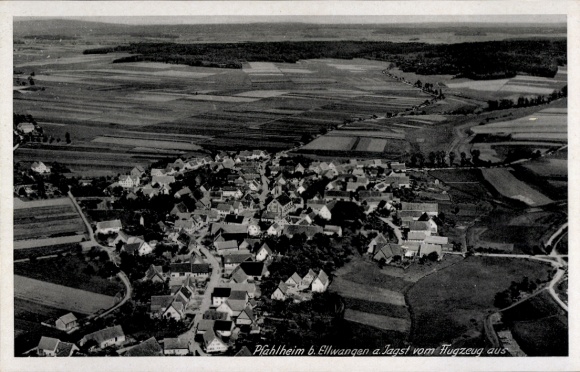 Postcard Pfahlheim Ellwangen Jagst, aerial photograph of Pfahlheim, rural surroundings, black and white,
