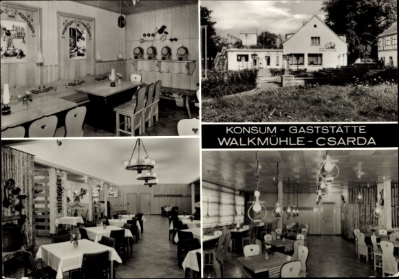 Postcard Sangerhausen am Harz, Konsum-Restaurant Walkmühle, interior views, exterior view, black and white