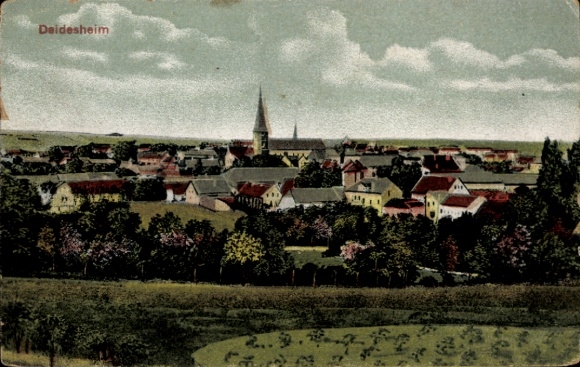Postcard Deidesheim in the Palatinate, town view with church, houses, nature, mild weather, blue sky