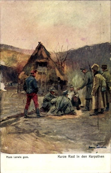 Künstler Ak Larwin, Hans, Kurze Rast in den Karpathen, kuk Armee, Kaiserjäger