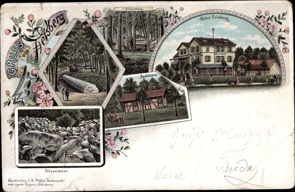 Chromo-Litho Felsberg in Hesse, Hotel Felsberg, Felsenmeer, altar stone, bathhouse