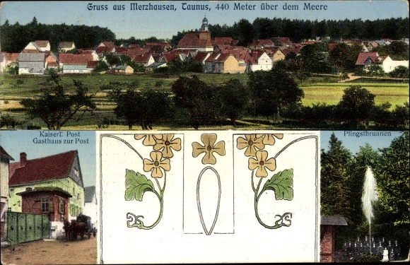 Art Nouveau PC Merzhausen Usingen in the Hochtaunus district, locality, Post Office Inn, Pfingstbrunnen
