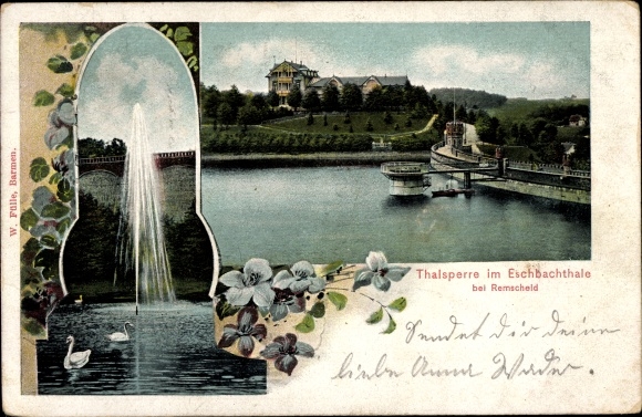Postcard Remscheid in the Bergisches Land, dam in the Eschbachtal, hotel by Walter Jäger, fountain