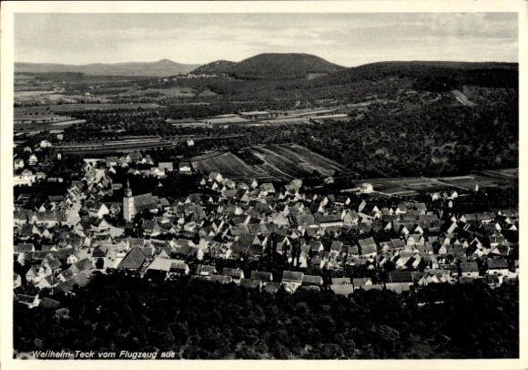 Postcard Weilheim an der Teck Swabian Alb, aerial view of houses, hills, black and white