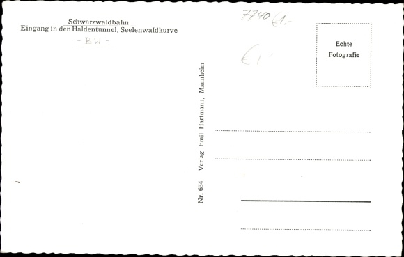 Postcard Seelenwald Kanzach district of Biberach, entrance in Halden tunnel, locomotive