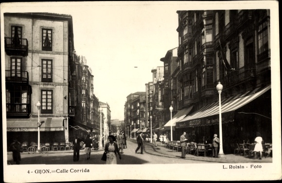 Ak Gijon Asturië Spanje, Calle Corrida, Straatgedeelte, Restaurant Alcazar