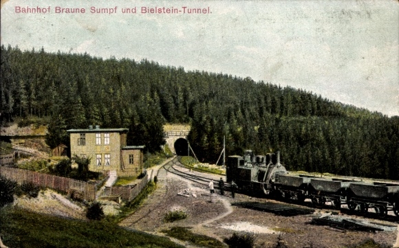 Postcard Blankenburg am Harz, Braune Marsh train station and Bielstein tunnel, Harz cog railway
