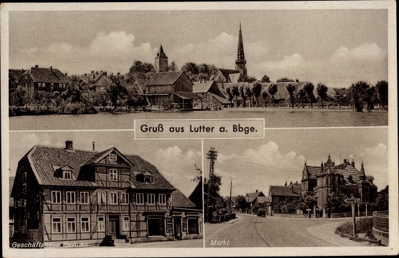 Postcard Lutter am Barenberge in Lower Saxony, partial view, Hermes commercial building, market