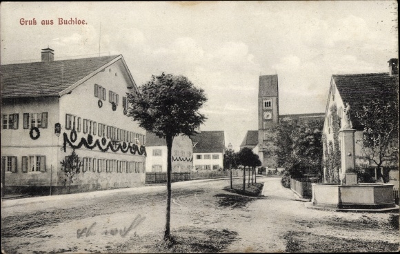 Postcard Buchloe im Allgäu, street section in town, fountain, church