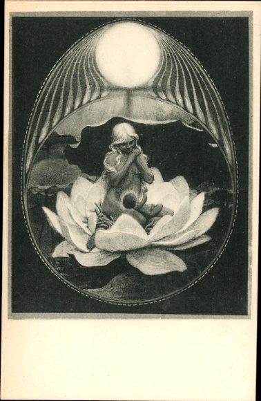 Art Nouveau artist Postcard Fidus, Christmas, woman with child in water lily, charcoal print from 1890