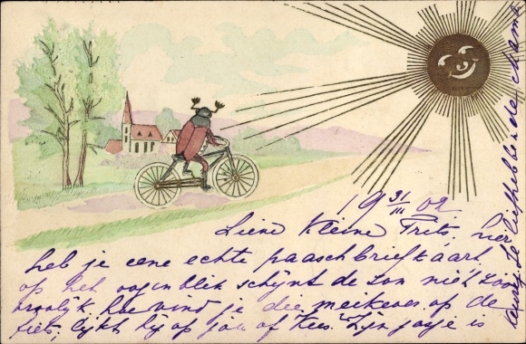 Embossed Chromo-Litho Maikäfer rides a bike, sunshine
