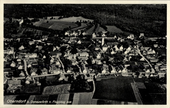 Postcard Oberndorf (near Donauwörth) am Lech, aerial view of Oberndorf, many houses, rural surroundings