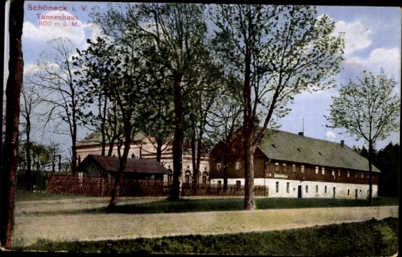 Ak Schöneck im Vogtland, Tannenhaus, 800 m ü. M., Bäume, Grünflächen, Gebäude