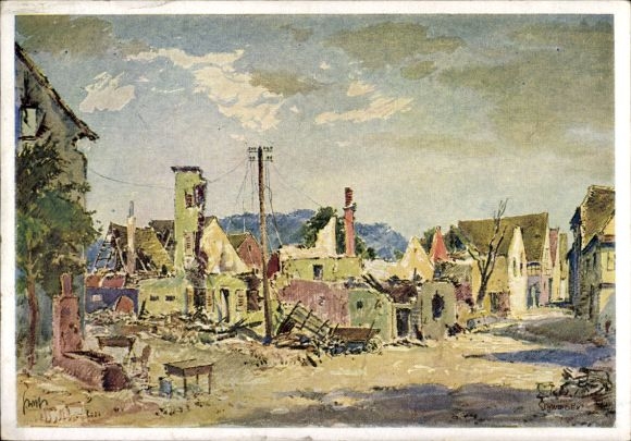 Kunstenaar Ak Graf, Karl, Schweigen Rechtenbach, Ruïnes na de verwoesting in 1940, KDF