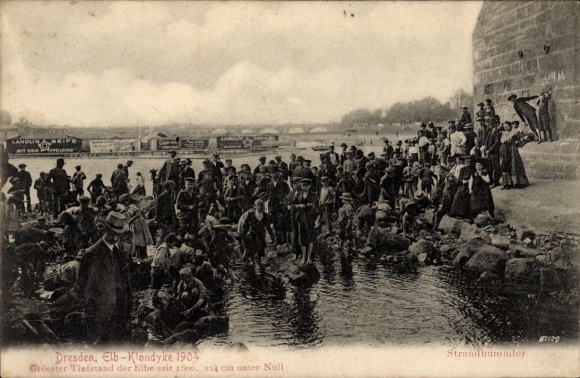 Postcard Dresden Altstadt, Elb-Klondyke 1904, greatest low of the Elbe, beach strollers