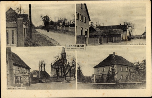 Postcard Lebenstedt Salzgitter in Lower Saxony, church, monument, butcher Kallbrei, villa, village street
