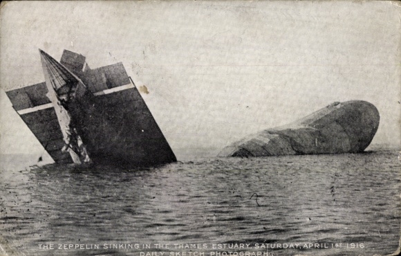 Postcard Zeppelin sinks in the Thames estuary, April 1916
