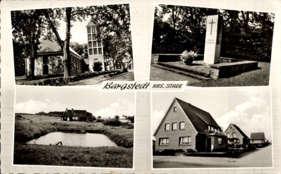 Ak Bargstedt in Nedersaksen, gedenkteken, kerk, nederzetting, waterbassin