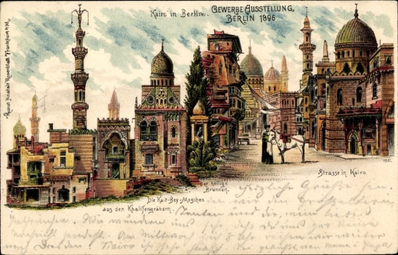 lito Berlin Treptow, wystawa handlowa 1896, Kair, święta fontanna, fragment ulicy