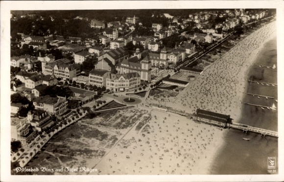 Postcard Seaside resort Binz on Rügen, aerial photograph, beach, pier