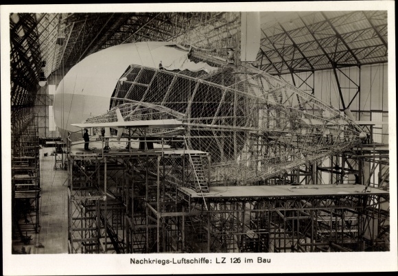 Photo of post-war airships, LZ 126 under construction, airship port, framework