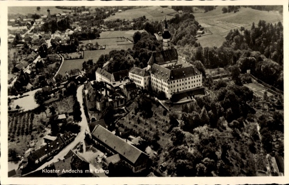 Postcard Andechs am Ammersee, Andechs Monastery, aerial photograph, Erling