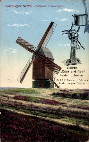 Postcard Behringen Bispingen in the Heidekreis, windmill, advertising, Göricke Echo and Rex Entrahmer
