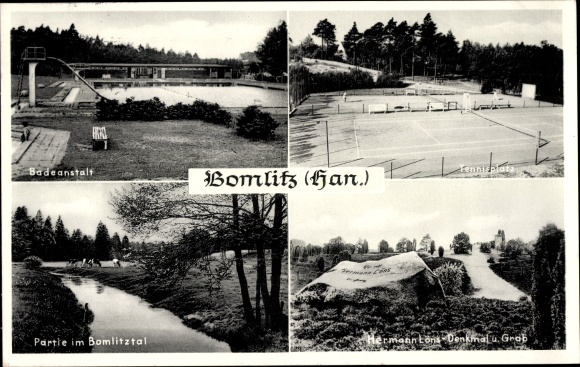 Postcard Bomlitz in Lower Saxony, outdoor pool, tennis court, Hermann Löns monument