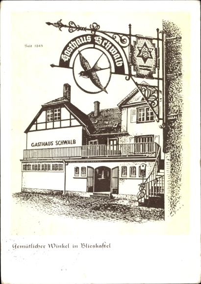 Postcard Blieskastel in Saarland, Cozy Corner, Restaurant Sign, Gasthaus Schwalb